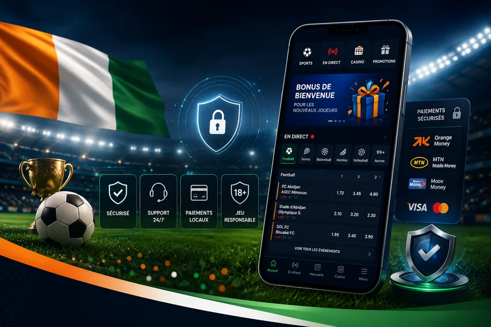 MegaPari Côte d'Ivoire betting review homepage hero with football stadium, secure betting app interface, Orange Money, MTN Mobile Money and responsible gambling elements.